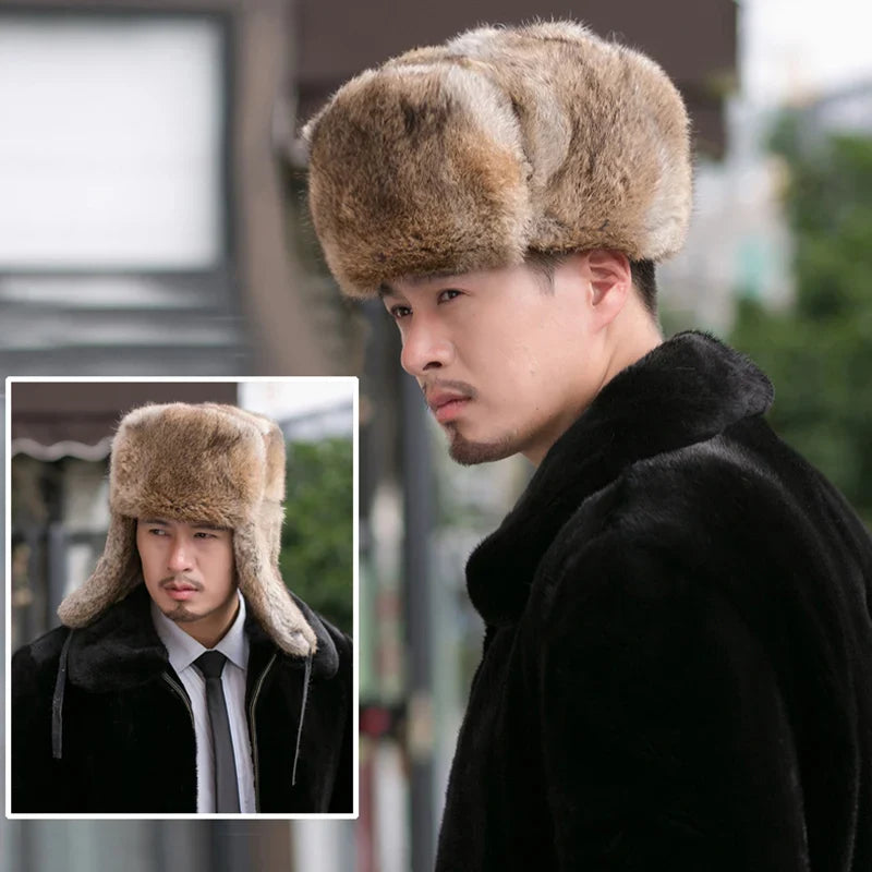 Oblast Russian Winter Rabbit Fur Trapper Bomber Hat